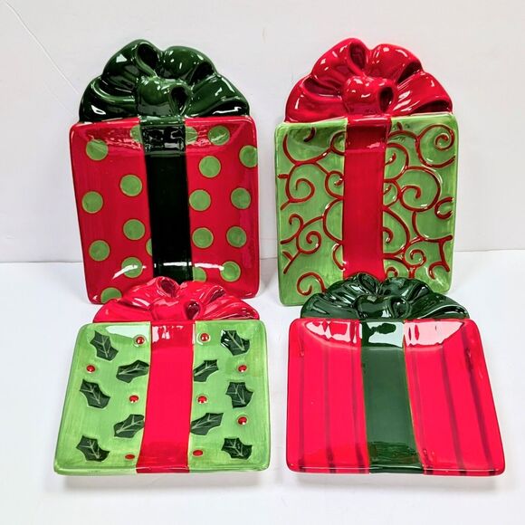 Fitz And Floyd Kringle Christmas Presents Gourmet Snack Plates Set of 4 - Picture 1 of 10